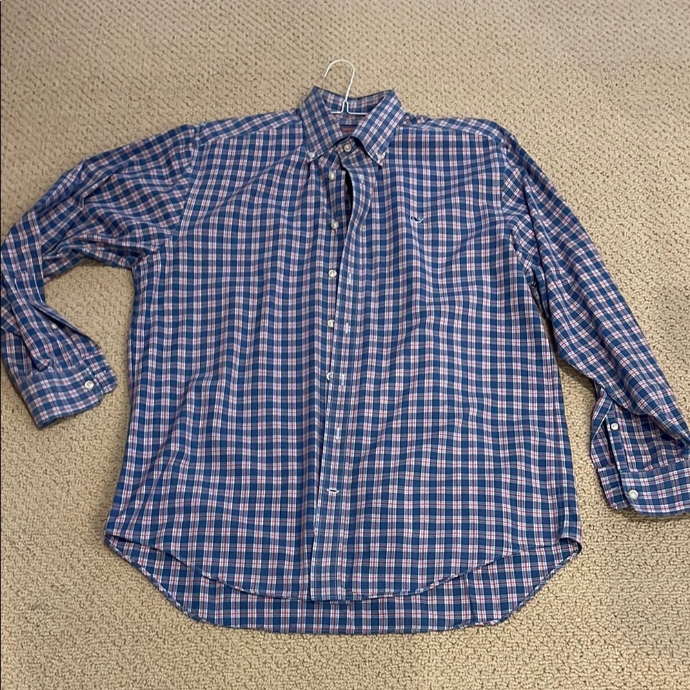 Vineyard Vines Men's Blue and Pink Checkered Shirt